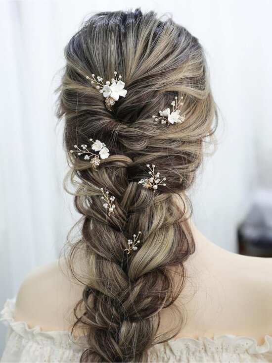 Women\'s Gold 6 Pieces Handmade Gold Leaf Pearls Flower Bridal Hair Bridesmaid main image 5